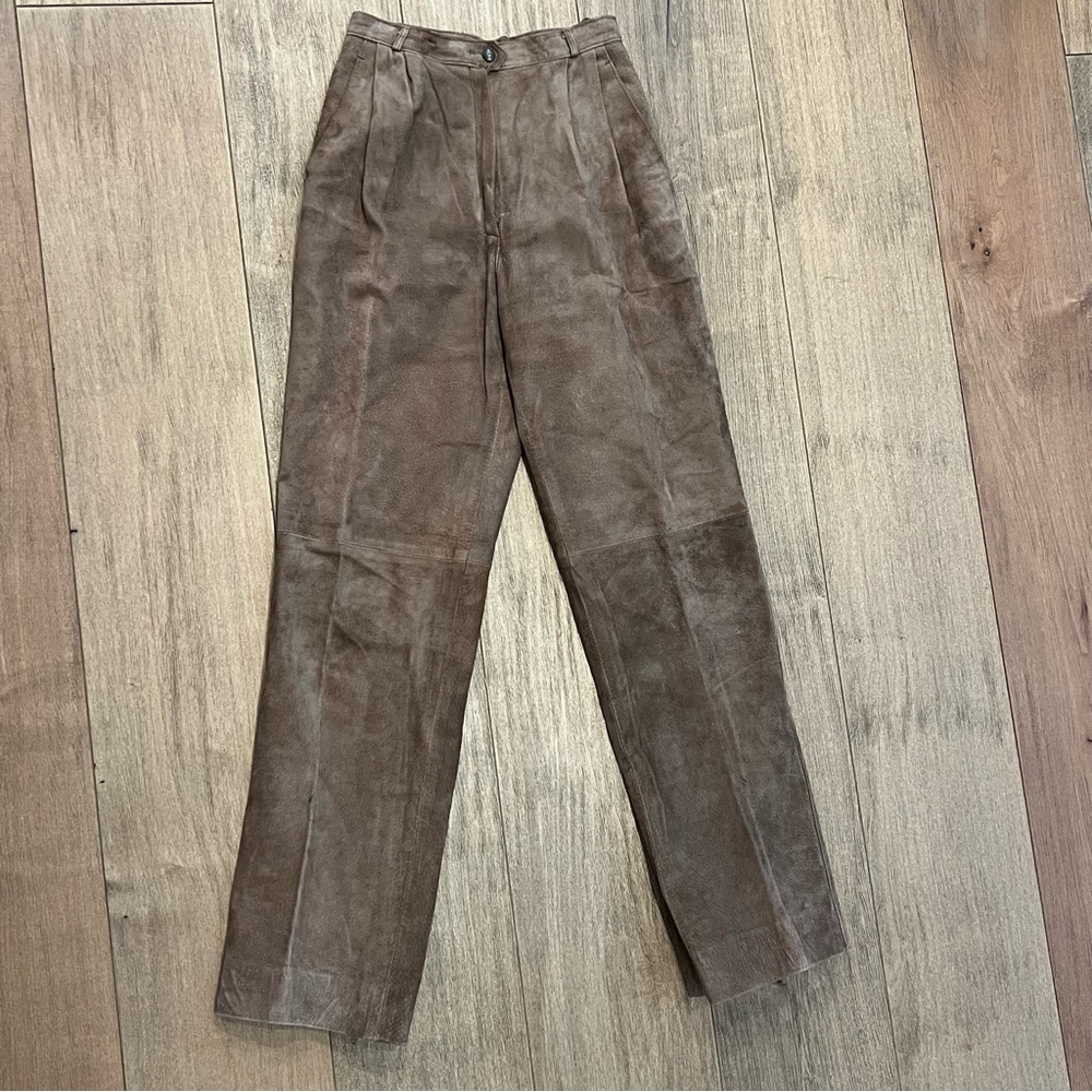 Vintage‎ Vegan Suede Pants Mocha Brown Sz 24" Pleated Waist High Rise Leather - Picture 2 of 11